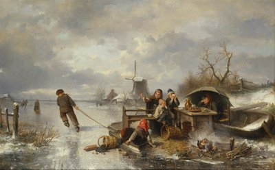 Børn leger på en frossen sø i et vinterlandskab (olie på lærred) af Jan Mari Henri Ten Kate