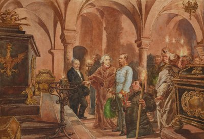 Polsk: Kejseren foran kong Jan III Sobieskis sarkofag i Sankt Leonards krypt i Wawel-katedralen af Jan Matejko