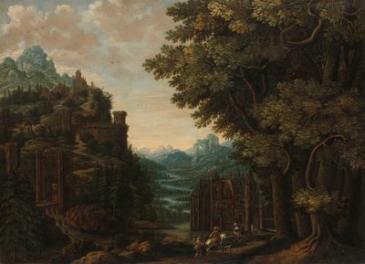 Bjerglandskab med floddal og slotte af Jan Meerhout