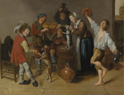 Glædeligt selskab spiller musik og danser i et interiør af Jan Miense Molenaer