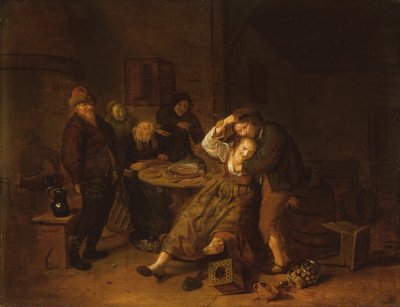 Værtshusinteriør med en borekarus med en vench (olie på panel) af Jan Miense Molenaer