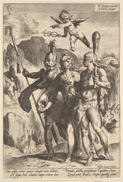 Hercules bliver vist den bjergrige vej til Temple of Immortal Fame i kompagniet..., ca. 1591. af Jan Muller