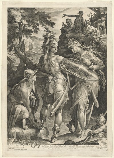 Minerva og Merkur bevæbner Perseus af Jan Muller, after Bartholomaeus Spranger