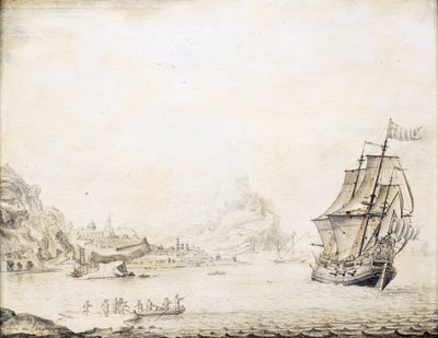 Et britisk skib ud for Satalias (Tyrkiet) kyst i 1677, omgivet af en klippekyst med gamle bymure og minareter. Olie på træ af Jan Peeters