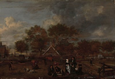 Gårdgård med herrebonden og hans kone og maleren i forgrunden af Jan Pietersz Opperdoes