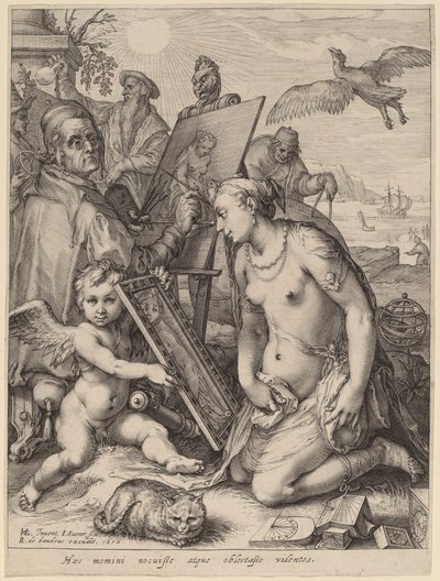 Kunstner maler en nøgen kvinde: Allegori om visuel perception af Jan Pietersz Saenredam after Hendrik Goltzius