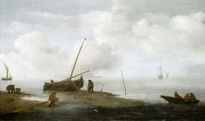 Muslingefiskeri, en fiskerbåd på kysten og tre mænd, der har travlt med at samle muslinger i deres kurve. Olie på lærred 1622 af Jan Porcellis (1580-1632). af Jan Porcellis