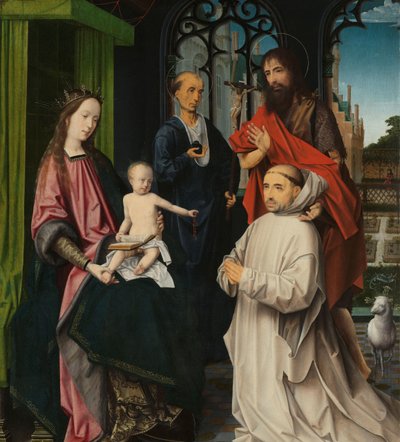 Jomfru og barn på tronen med de hellige Hieronymus og Johannes Døberen og en karteusermunk Tronet Madonna med de hellige Hieronymus og Johannes Døberen og en knælende karteusermunk af Jan Provoost (attributed to)