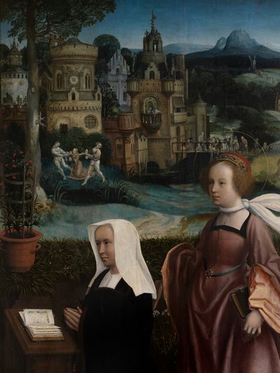 Detalje af donor med Saint Nicholas og donors hustru med Saint Godeliva, ca. 1515-21 (olie på panel) af Jan Provoost