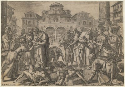 Apostlene uddeler pengene til de nødstedte, ca. 1600 af Jan Sadeler