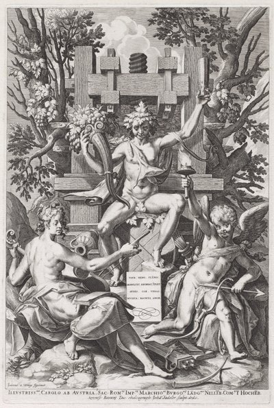 Bacchus sidder på en tønde mellem amor og musik af Jan Sadeler I, after Joos van Winghe
