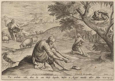 Gud viser sig for Moses af Jan Sadeler I, after Maarten van Cleef