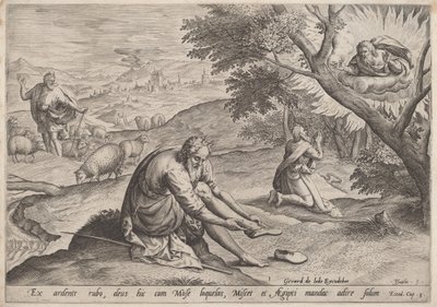 Gud viser sig for Moses af Jan Sadeler I, after Maarten van Cleef