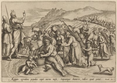 Udvandringen fra Egypten af Jan Sadeler I, after Maarten van Cleef