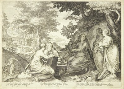 De forstandige jomfruer samlet i et landskab, i baggrunden Johannes Døberen, der prædiker af Jan Saenredam