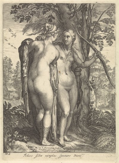 Diana og en nymfe foran et træ Diana og hendes nymfer (serietitel) af Jan Saenredam