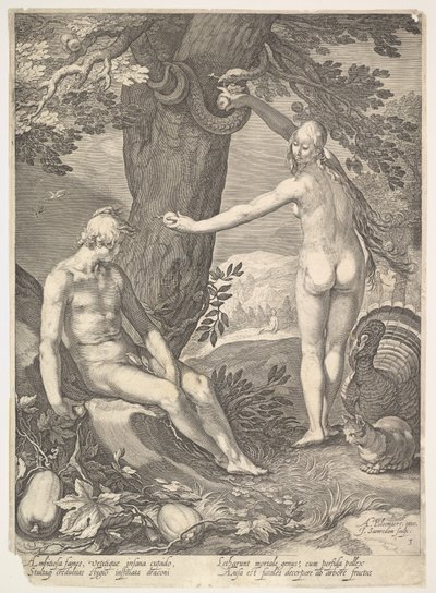 Eva giver Adam den forbudte frugt, fra historien om Adam og Eva. af Jan Saenredam
