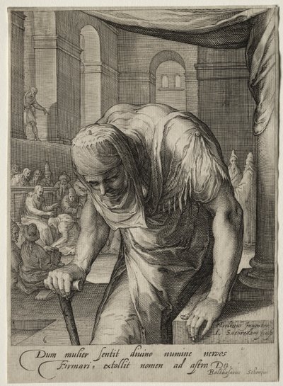 Heltinder i Det Nye Testamente: Den forkrøblede kvinde helbredt af Kristus af Jan Saenredam