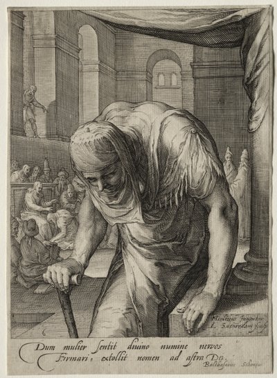 Heltinder i Det Nye Testamente: Den forkrøblede kvinde helbredt af Kristus. af Jan Saenredam