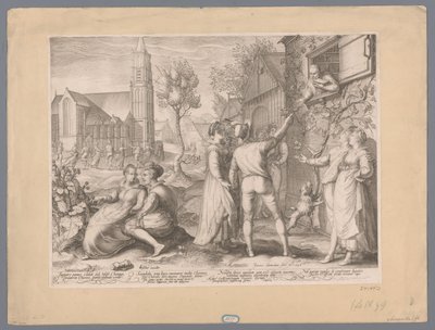 Jonge paren die poulet maken en dansen, 1596 Kæmpe brød stolich under Moses Choragi Mereriti Chorei, brødet kom til at være ynkeligt (...) (titel på objekt) af Jan Saenredam