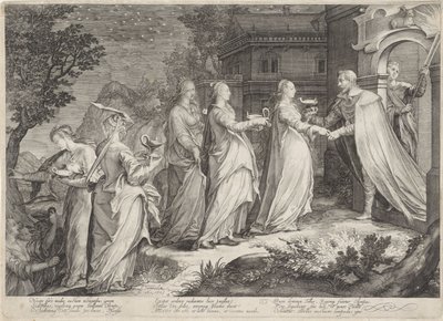 Modtagelse af de kloge jomfruer af gommen Lignelse om de vise og tåbelige jomfruer (serietitel) af Jan Saenredam