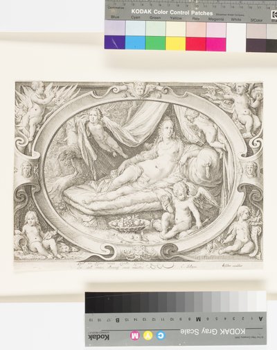 Venus på hendes sofa, mens Eros fylder sit kogger med pile (gravering) af Jan Saenredam