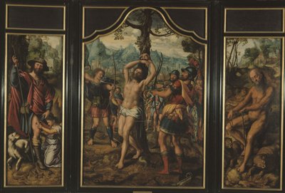 Triptykon af Sankt Sebastians martyrium (midterste panel): Saint Roch (venstre panel), Saint Onuphre (højre panel), Saint Peter (bagsiden af højre panel), Saint Stephen (bagsiden af venstre panel), mellem 1525 og 1566 (olie) af Jan Sanders van Hemessen