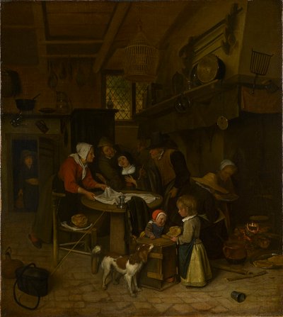 En scene i et bondekøkken med en tjener, der lægger kluden på plads af Jan Steen
