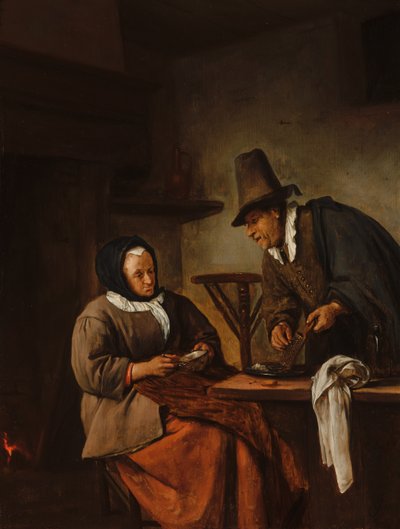 Et gammelt par, der tilbereder en varm drik af Jan Steen