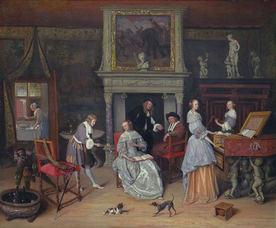 Fantasi-interiør med Jan Steen og Gerrit Schoutens familie af Jan Steen