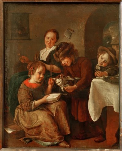 Børn lærer en kat at læse af Jan Havickszoon Steen