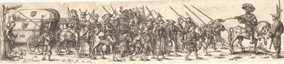 Tros af soldater, forrest en officer til hest af Jan Theodor de Bry