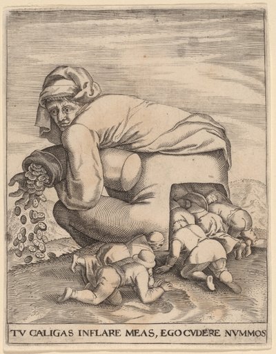 Manden med pengesækken og hans smigrer af Jan Theodor de Bry after Pieter Bruegel the Elder
