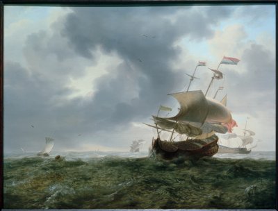 Slagskibe og fiskerbåde i stormfuldt hav af Jan Theunisz. Blanckerhoff