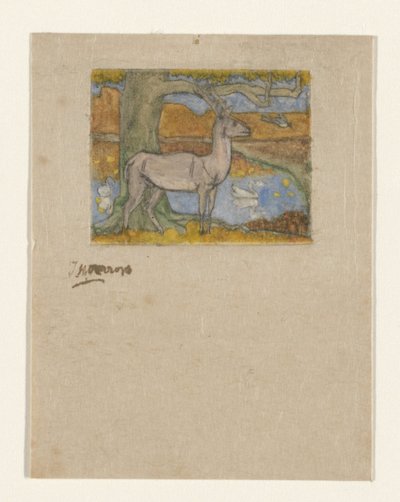 Hjorte nær et træ foran en dam Hjorte nær et træ (original titel) af Jan Toorop (signed by artist)