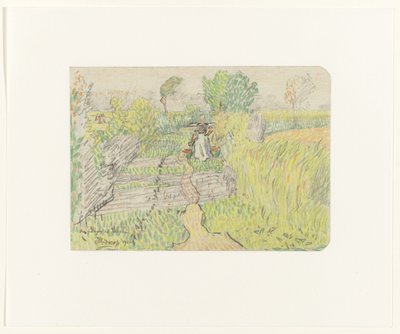 Bondekone med et åg med mælkespande på skuldrene, gående gennem en kornmark af Jan Toorop