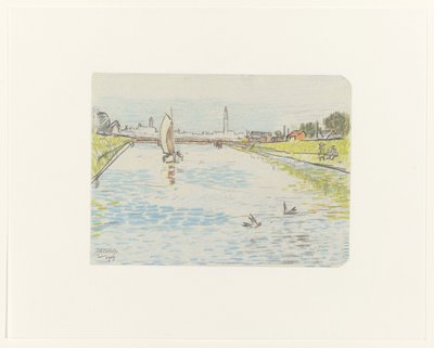 Udsigt over en kanal med et sejlskib af Jan Toorop