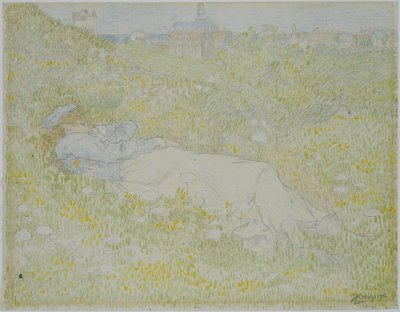 Kvinde liggende i klitterne nær Noordwijk Pige liggende i græsset med silhuetten af ​​Noordwijk i baggrunden af Jan Toorop