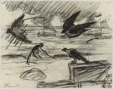 Havlandskab med fisker, i forgrunden en trillebør med fugle af Jan Toorop