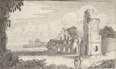 Landskab med en kirke i ruiner og to hyrder i samtale af Jan Van de Velde