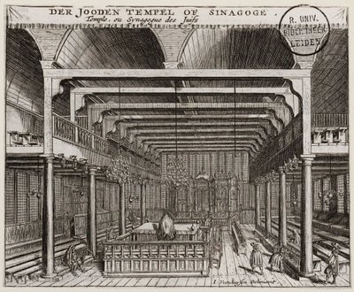 Interiør af den portugisiske synagoge i Amsterdam - Veenhuysen, Jan (aktiv 1656-1685) - Kobberstik - 11,2x13,7 - Leiden Universitetsbibliotek af Jan Veenhuysen