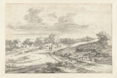 Klitlandskab med figurer langs en vej, med et sommerhus i det fjerne af Jan Vermeer van Haarlem (I) (attributed to)