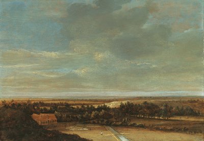 Et vidtstrakt klitlandskab med stuehus og blegegrund af Jan Vermeer van Haarlem