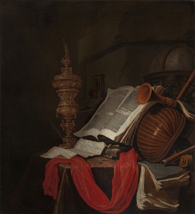 Stilleben med musikinstrumenter og bøger Vanitas af Jan Vermeulen