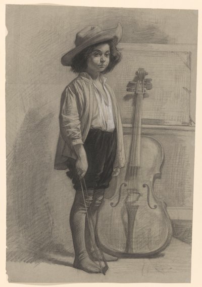 Dreng stående ved en cello af Jan Veth