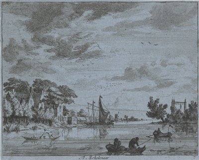Forretning ved en flod Te, skoledreng (titel på objekt) Landskaber i Haarlem-området (serietitel) Gesigten udenfor Haarlem, Udført af. J.V.V. (serietitel på objekt) af Jan Vincentsz. van der Vinne
