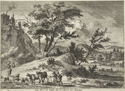 Udsigt over en vej nær Cluses på Arve, Savoie Vue Prez de Cluse sur L´Arve en Savoije (titel på objekt) Ansigter i Savoie (serietitel) af Jan Vincentsz. van der Vinne