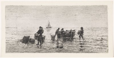 Fiskere tømmer en slup på stranden af Johannes Martinus Vrolijk