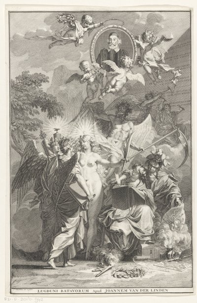 Allegorisk titelblad med portrættet af forfatteren Edward Simson Titelside for: Edward Simson, Chronicon historiam catholicam complectens, 1729 af Jan Wandelaar