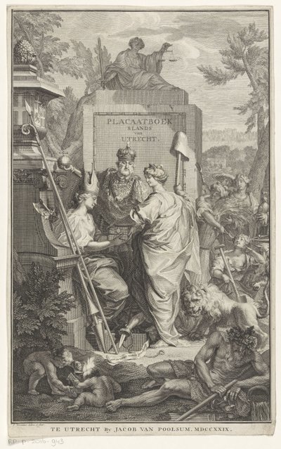 Allegorisk fremstilling med grundlaget for Utrecht Placer bogens land van Utrecht (titel på objekt) Titelside for: Johan van de Water, Fredsbog indeholdende alle fredserklæringer, ordinancer og edikter fra (...) staterne Utrecht, 1729 af Jan Wandelaar